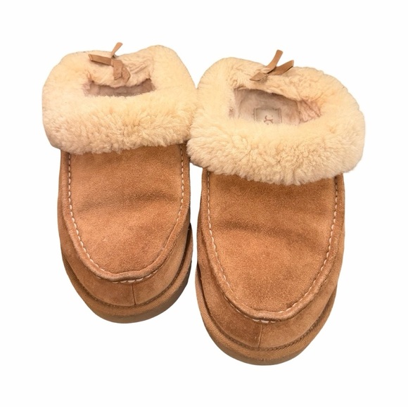 UGG Groove Shearling Lined Bow Detail Cozy Slippers Tan Sz 9 - Picture 2 of 5